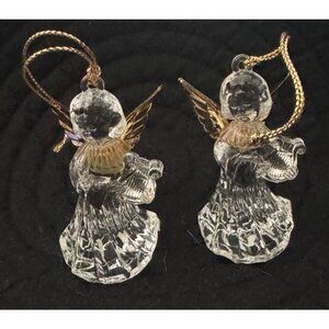 Set Of 2 Glass Angel Ornaments With Gold Accents For Christmas Tree Decoration